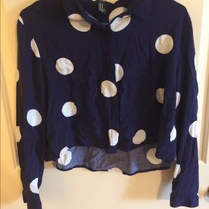 Navy Blue Poka Dot Button Up Long Sleeve Shirt